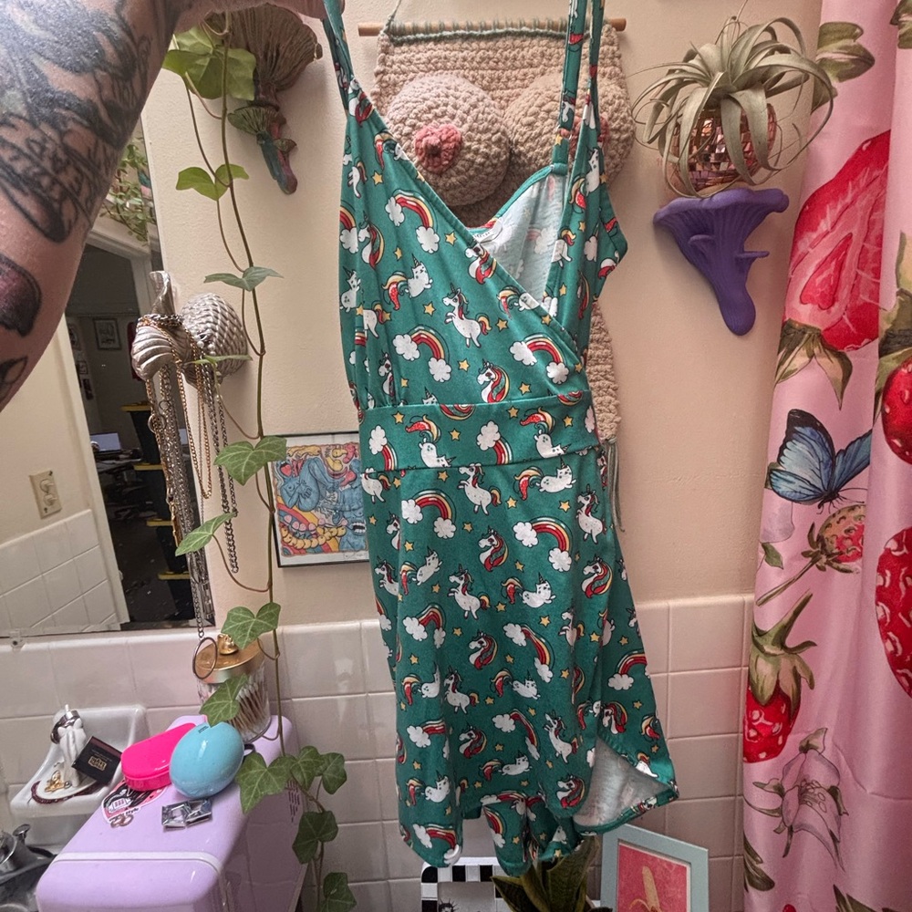 Unique Vintage Teal Unicorn & Cat Print Romper
